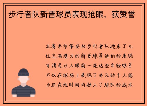 步行者队新晋球员表现抢眼，获赞誉
